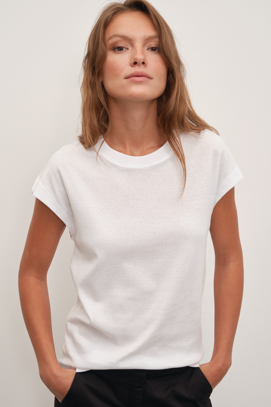 Capped Shoulder T-shirt in Micro-Ribbed Cotton