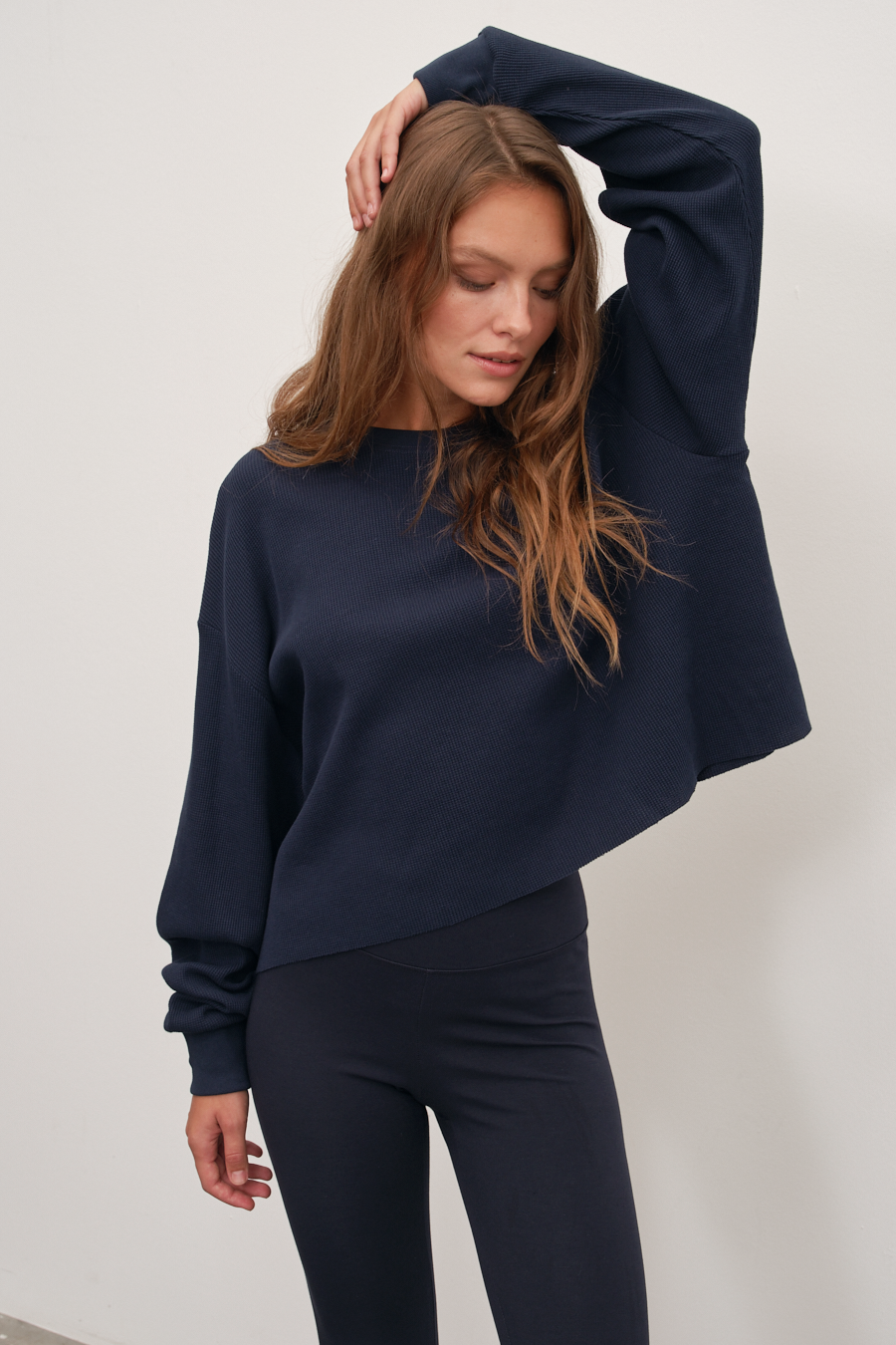 Waffle Cotton Cropped Oversize Sweatshirt