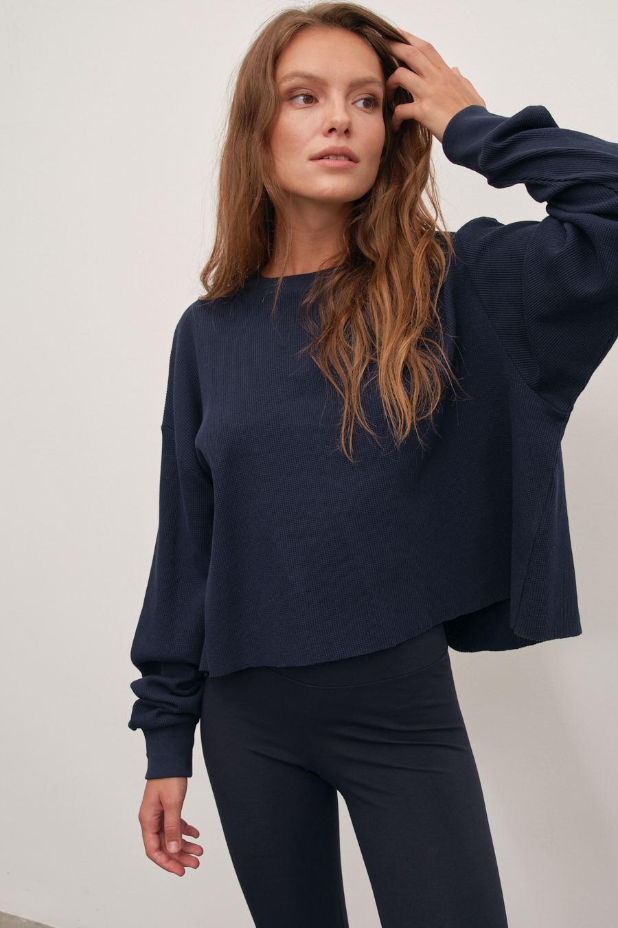 Waffle Cotton Cropped Oversize Sweatshirt