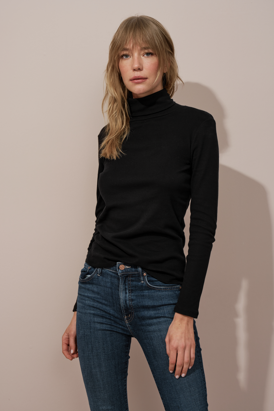 Turtleneck Fitted T-shirt in Micro-Ribbed Cotton