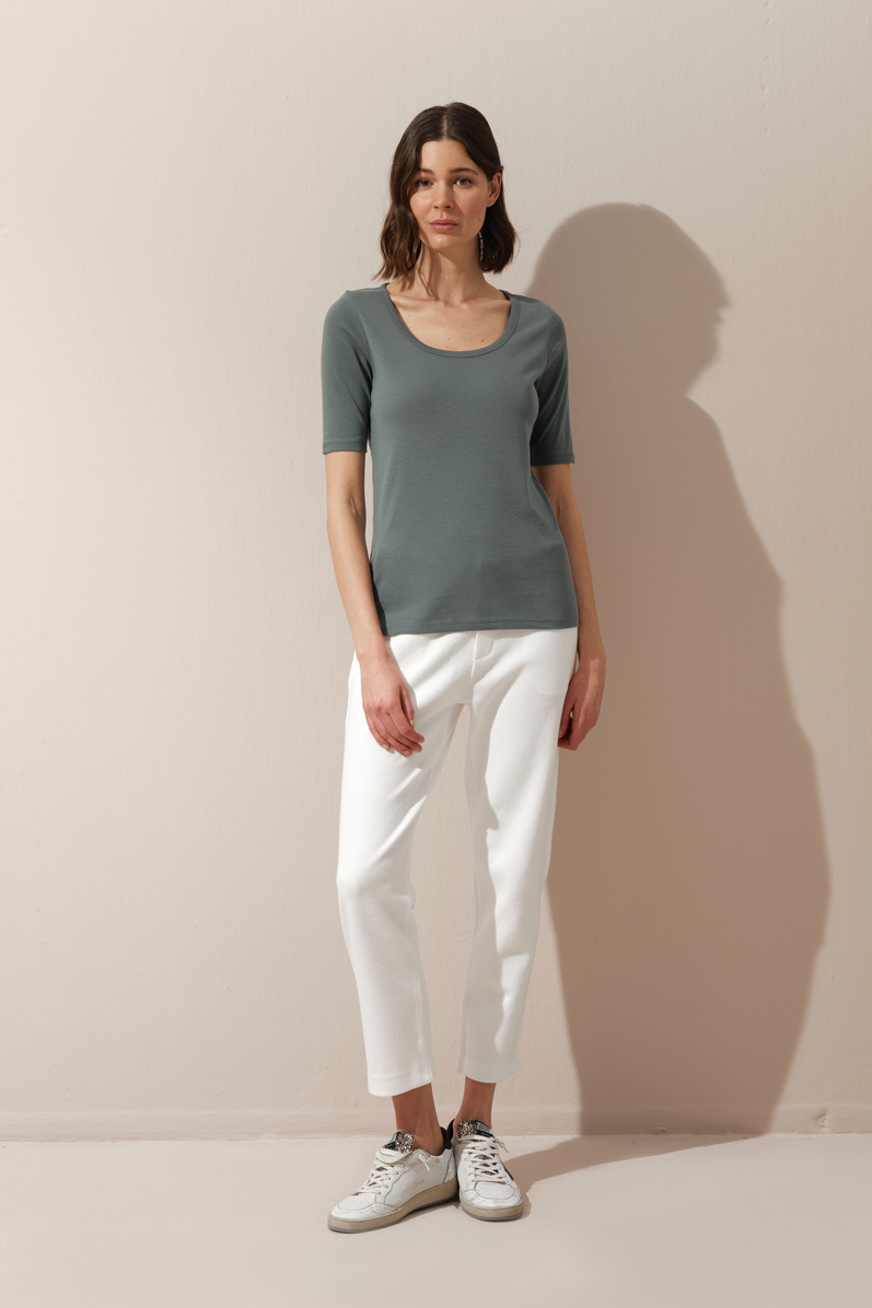 Scoop Neck Fitted T-shirt in Ribbed Cotton